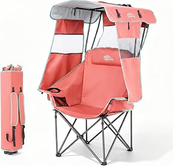Camping Chair with Canopy Shade Beach Chair with UPF 50+ Sun Shade, Cup Holder, Side Pocket, Portable Folding Chair for Adults Fishing Camp Outdoor Sport Lawn Chair Support 400 LBS, Pink