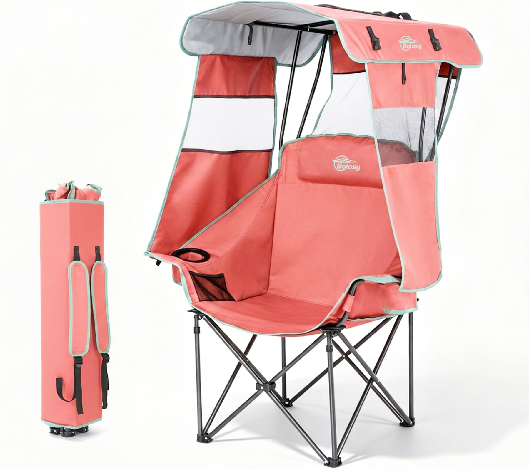 Camping Chair with Canopy Shade Beach Chair with UPF 50+ Sun Shade, Cup Holder, Side Pocket, Portable Folding Chair for Adults Fishing Camp Outdoor Sport Lawn Chair Support 400 LBS, Pink