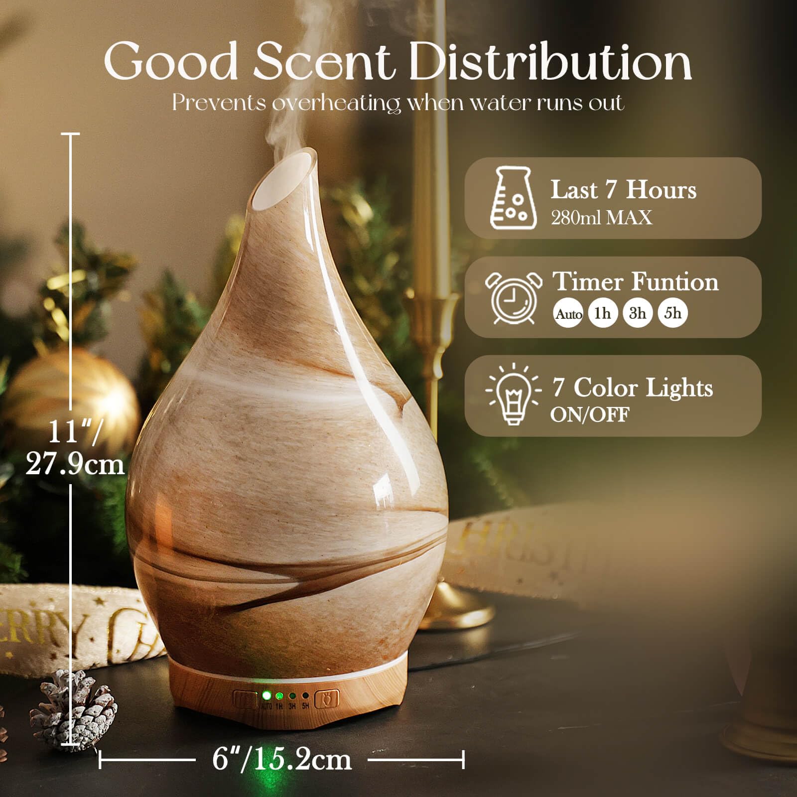 Porseme 280ml Essential Oil Diffuser Glass Color Changing Aroma Air Diffusers Aromatherapy Ultrasonic Cool Mist Humidifier 7 Running Hours Waterless Auto-Off for Sleeping, Yoga, Office, Spa (Desert) — view 3