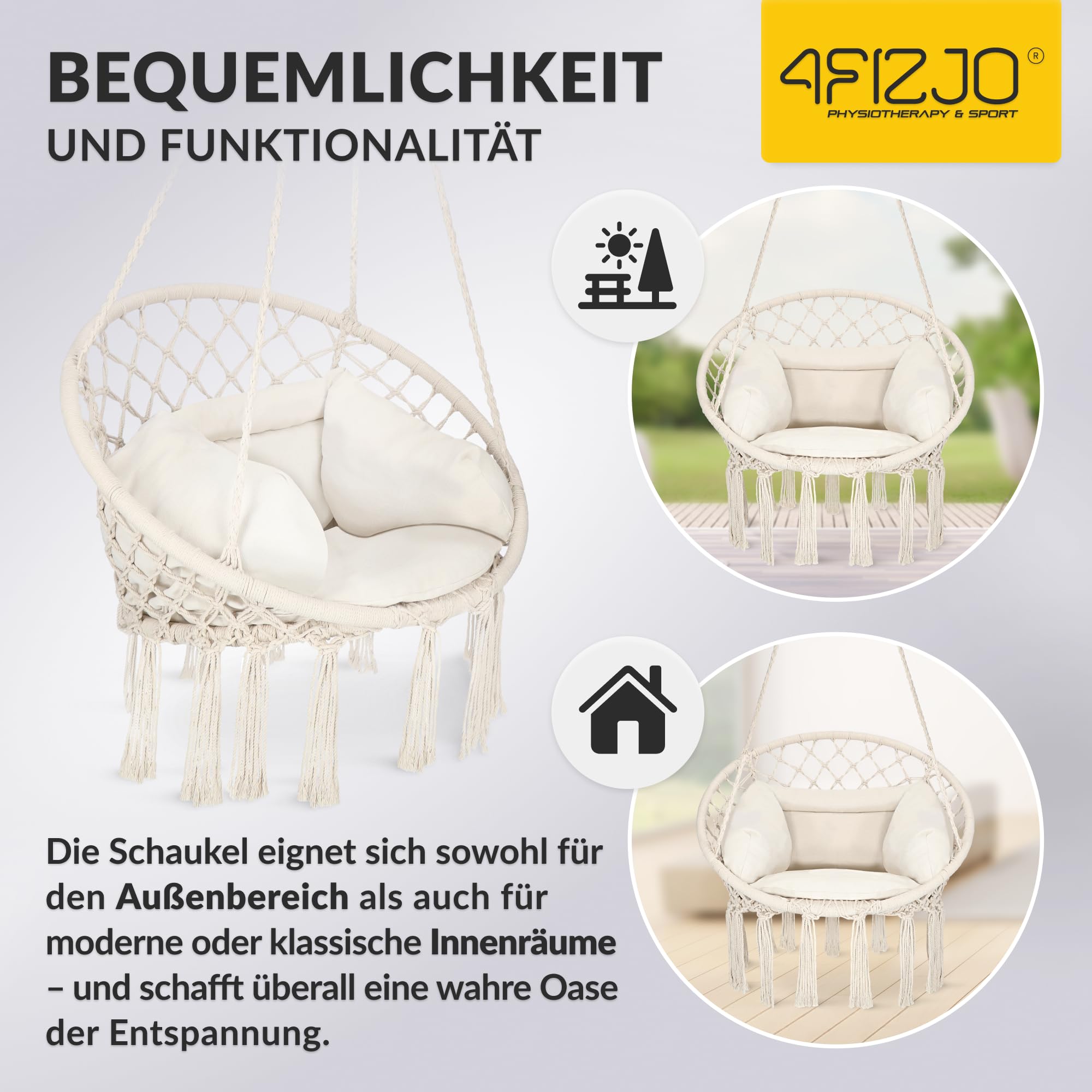 4FIZJO Hängesessel Boho mit Kissen, Makramee hängesessel, Garten schaukel, Hängekorb, Schaukelkorb, Therapieschaukel Kinder, Hängesessel Indoor & Outdoor, Hängesitz, Maximale Belastung 125 kg, Beige