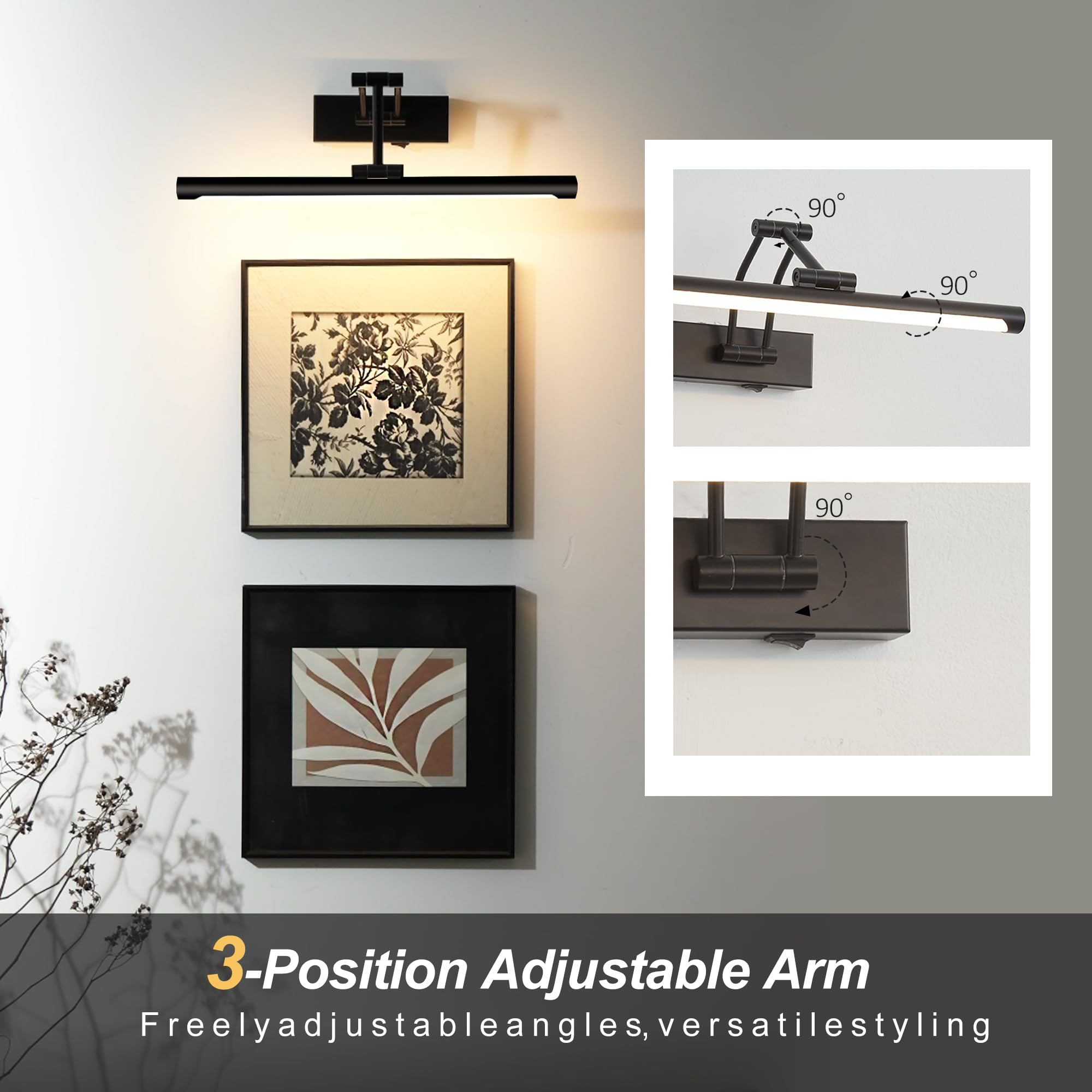 ZitoStory 24in Rechargeable Battery-Operated Picture Light – Black, Dimmable LED Art Light For Wall