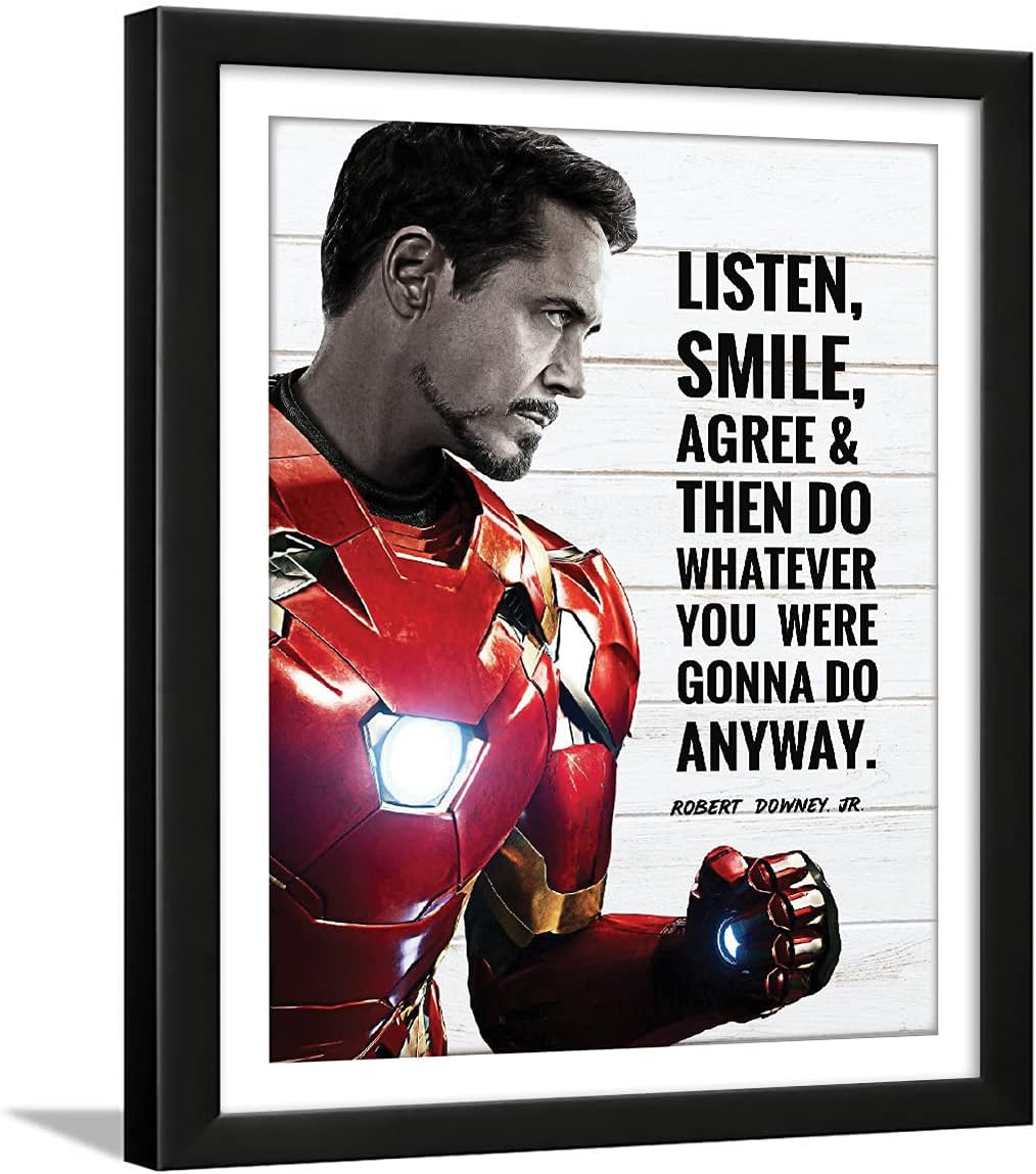 Chaka Chaundh Robert Downey Jr Framed Iron Man with Tony Stark Quotes Poster (White, 13.6 x 10.6 Inches)