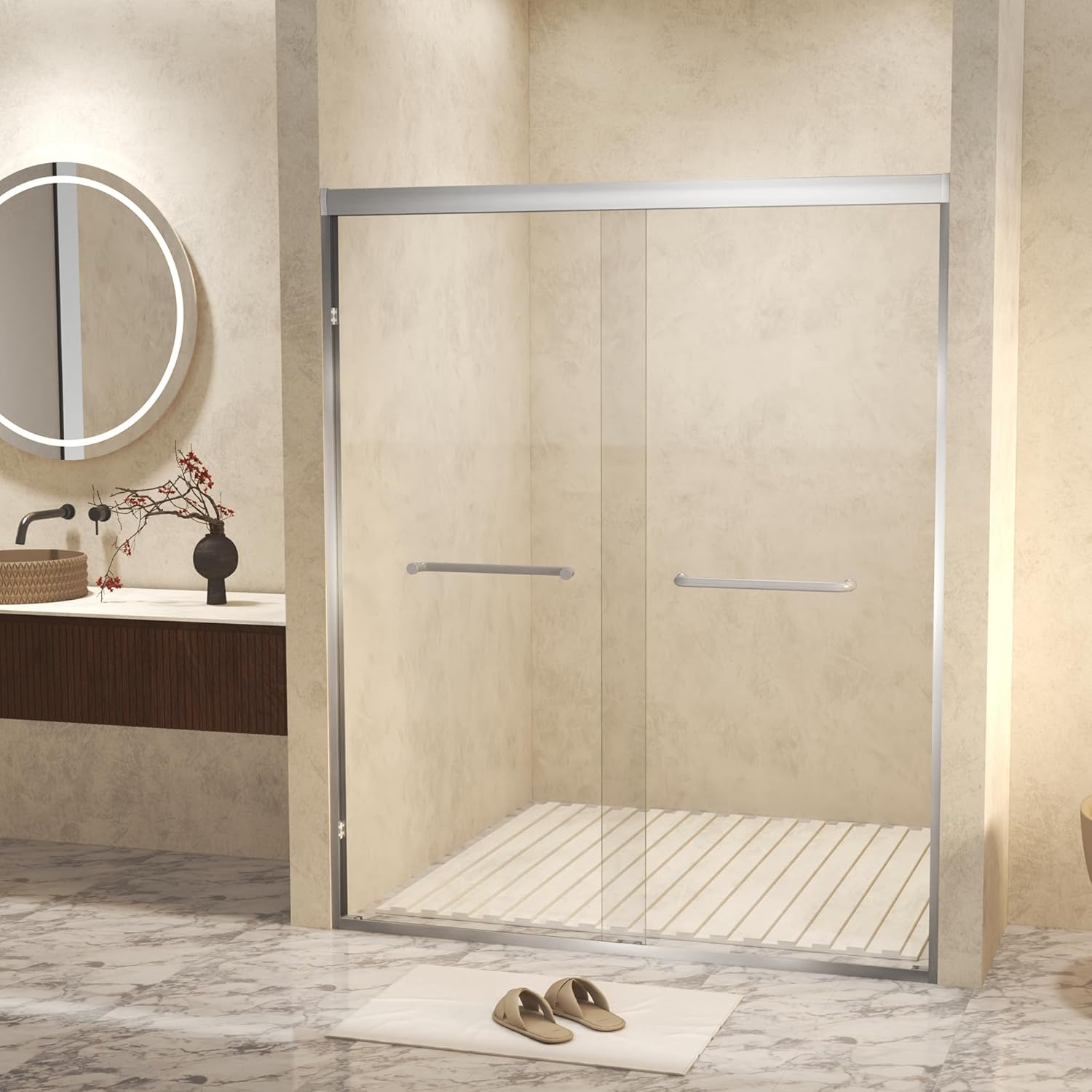 44-48" x 72" Aluminum Frame Double Sliding Shower Door, 1/4 (6 mm) Tempered Glass with Explosion Proof Film, Stainless Steel Handle, Easy Maintenance, Brushed Nickel