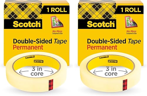 Scotch Double Sided Tape, 1/2 in x 900 in, Permanent, 1/Pack (665) (Pack of 2)