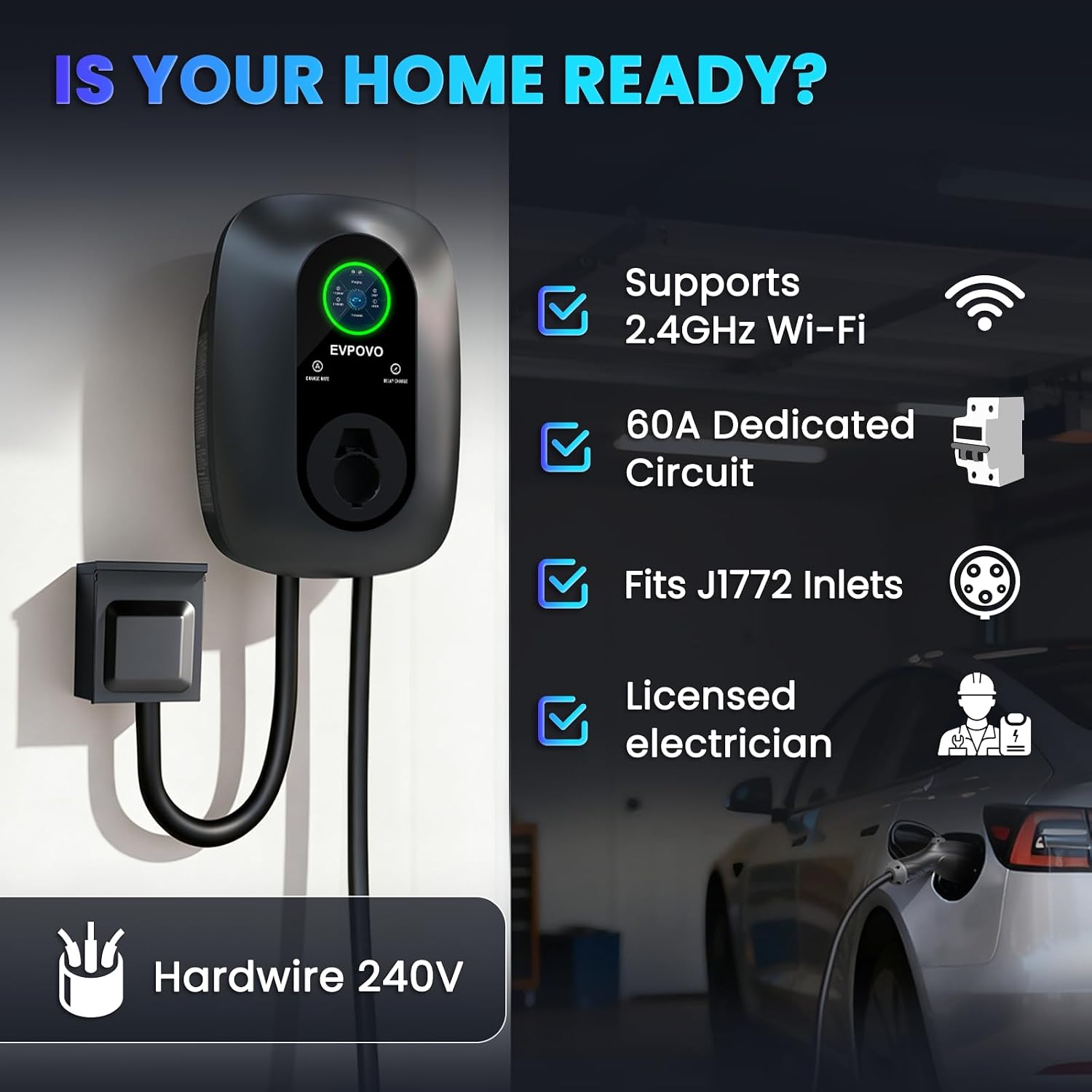 Hardwired Level 2 EV Charger 48 Amp J1772, 240V 11.5kW, 25 ft Cable