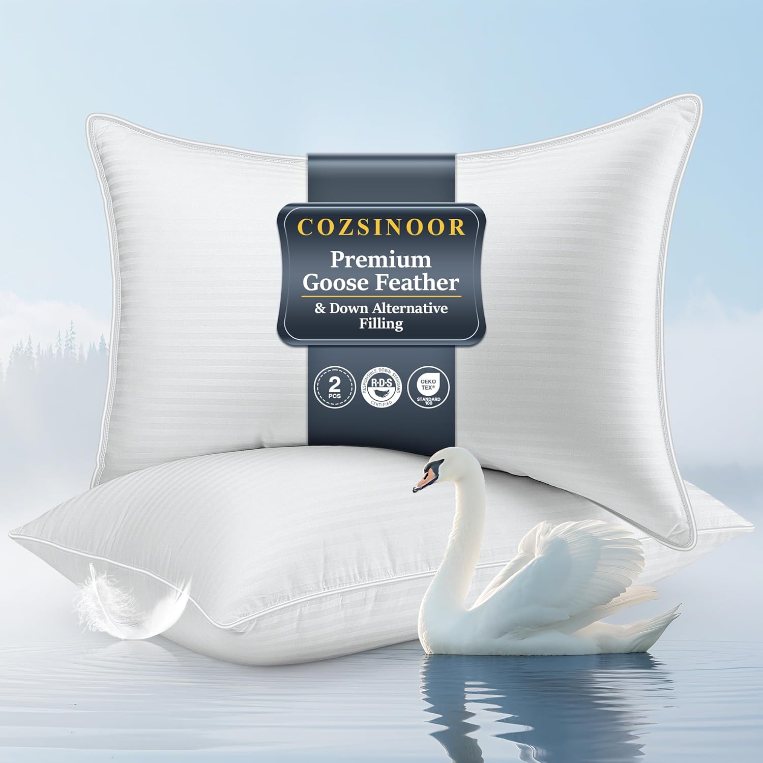 COZSINOOR Goose Down Feather Pillows Queen Size - Hotel Bed Pillow for Sleeping Set of 2, Soft 600 TC Cotton Cover, Fluffy Support Surround Fill Down Alternative for Back, Stomach, Side Sleepers Queen Medium