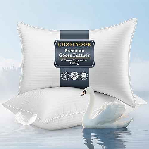 COZSINOOR Goose Feather Pillows Queen Size - Set of 2, Hotel Down Bed Pillow for Sleeping, Soft 600 TC Cotton Cover, Fluffy Support Surround Fill Down Alternative for Back, Stomach, Side Sleepers