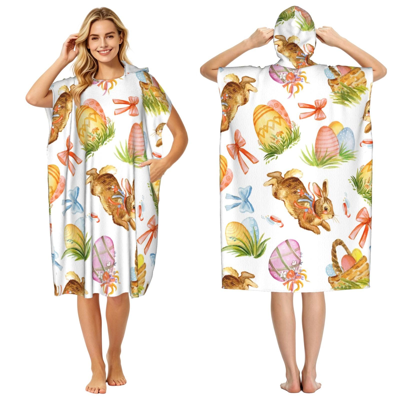 Poadnly Watercolor Easter Rabbit Egg, Adult Hooded Beach Towel 90 x 110 cm,Changing Bath Robe, Surf Poncho Towel For Women Men