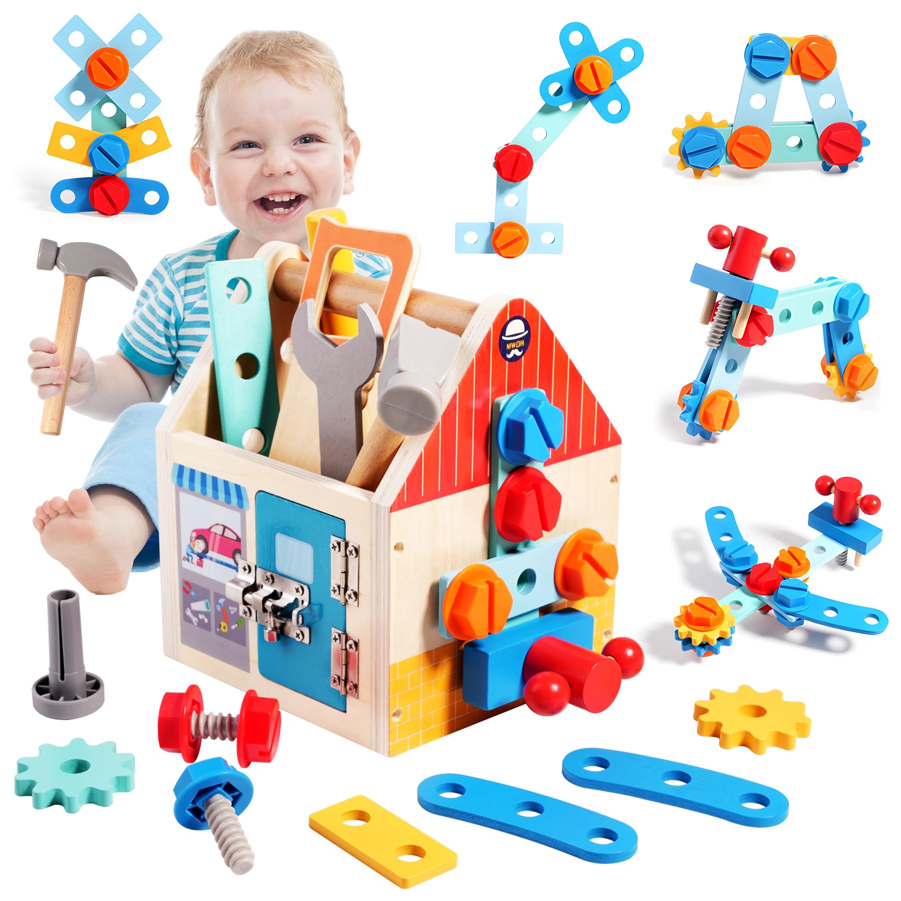 Herramientas Juguete Montessori, 33 Piezas Caja Herramientas Juguetes Niños, Juegos Educativos Herramientas, Caja Herramientas de Madera Juguetes, Herramientas Juguete Regalo Niño 2 3 4 Años