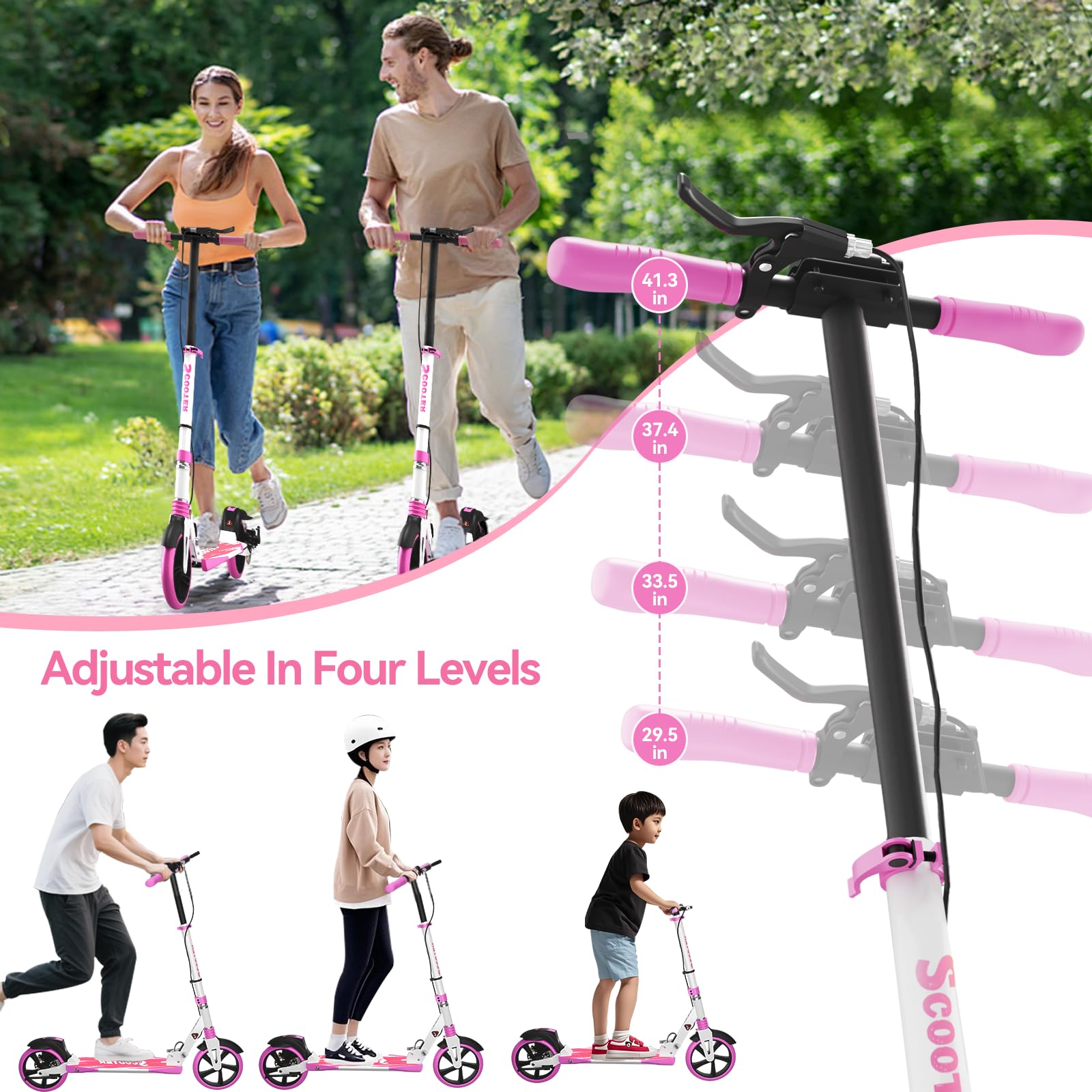 MEE GOO H007D Scooter con freno a disco, doppio ammortizzatore, ruote in PU da 200 mm, cuscinetti ABEC-7, scooter pieghevole per adulti 18+, tavola antiscivolo con rosa/bianco/blu