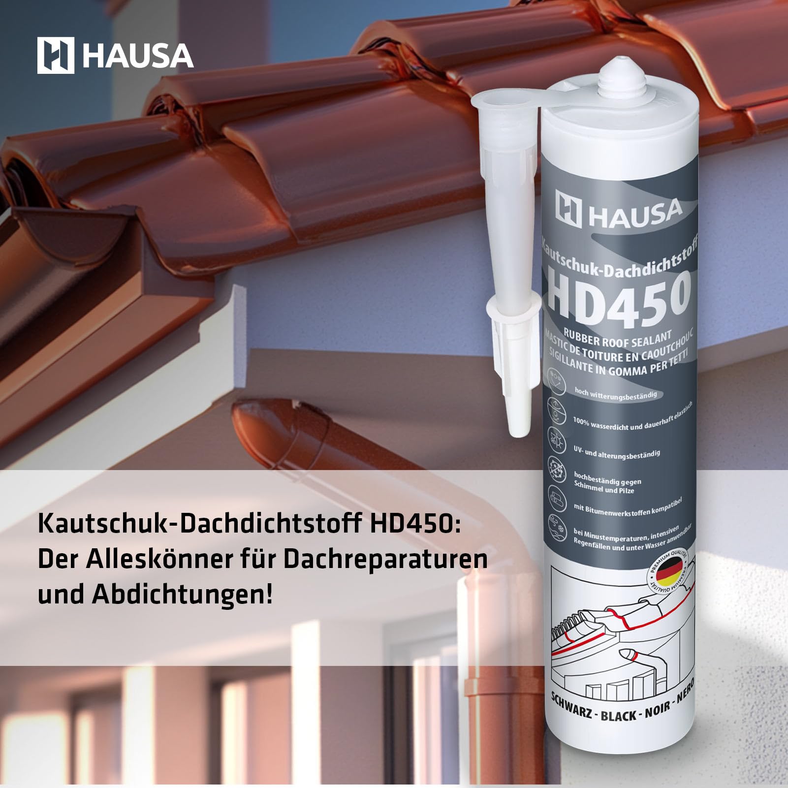 Hausa Kautschuk Dachdichtstoff HD450 Schwarz 6x 300ml dauerelastische Dichmasse & Kleber für Dach Dachrinnen Trapezblech Dachfolien Dachbahnen, wetterfest, kompatibel mit Bitumenwerkstoffen