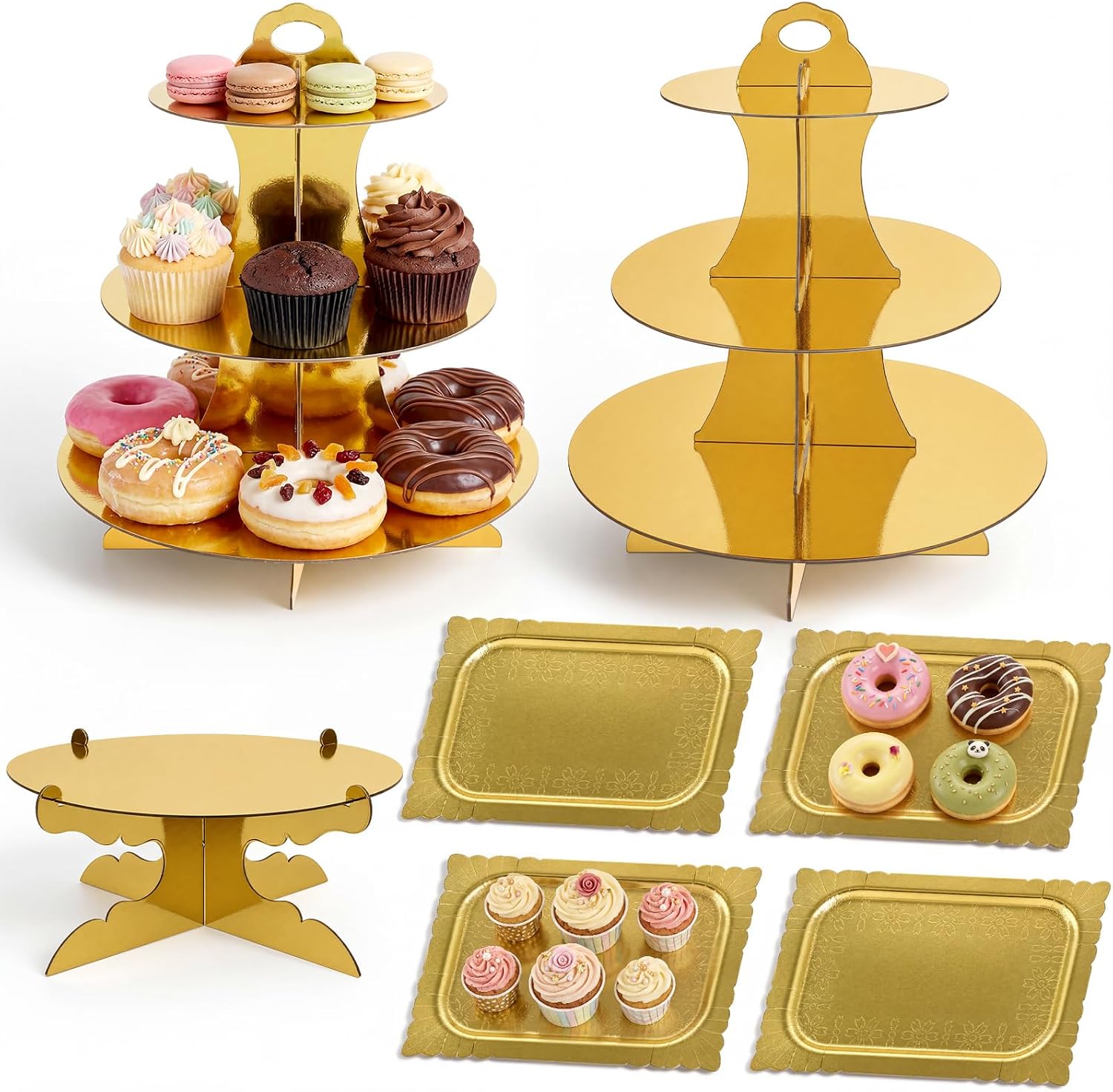 Zopeal 7 Pcs Dessert Table Display Set 3-Tier Cupcake Stand 1-Tier Cup Cake Display Tower Platters and Serving Trays Cardboard Cake Cookie Holders for Wedding Birthday Party Baby Shower(Gold)