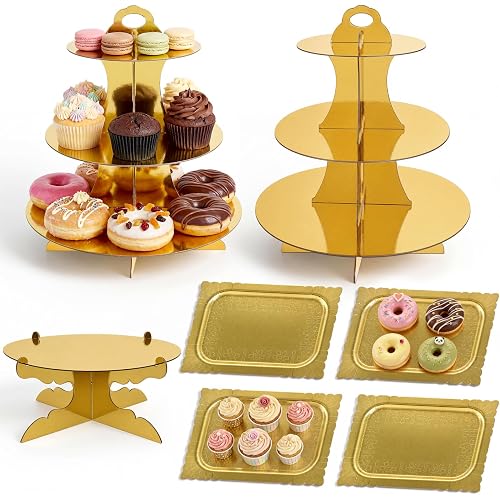 Zopeal 7 Pcs Dessert Table Display Set 3-Tier Cupcake Stand 1-Tier Cup Cake Display Tower Platters and Serving Trays Cardboard Cake Cookie Holders for Wedding Birthday Party Baby Shower(Gold)