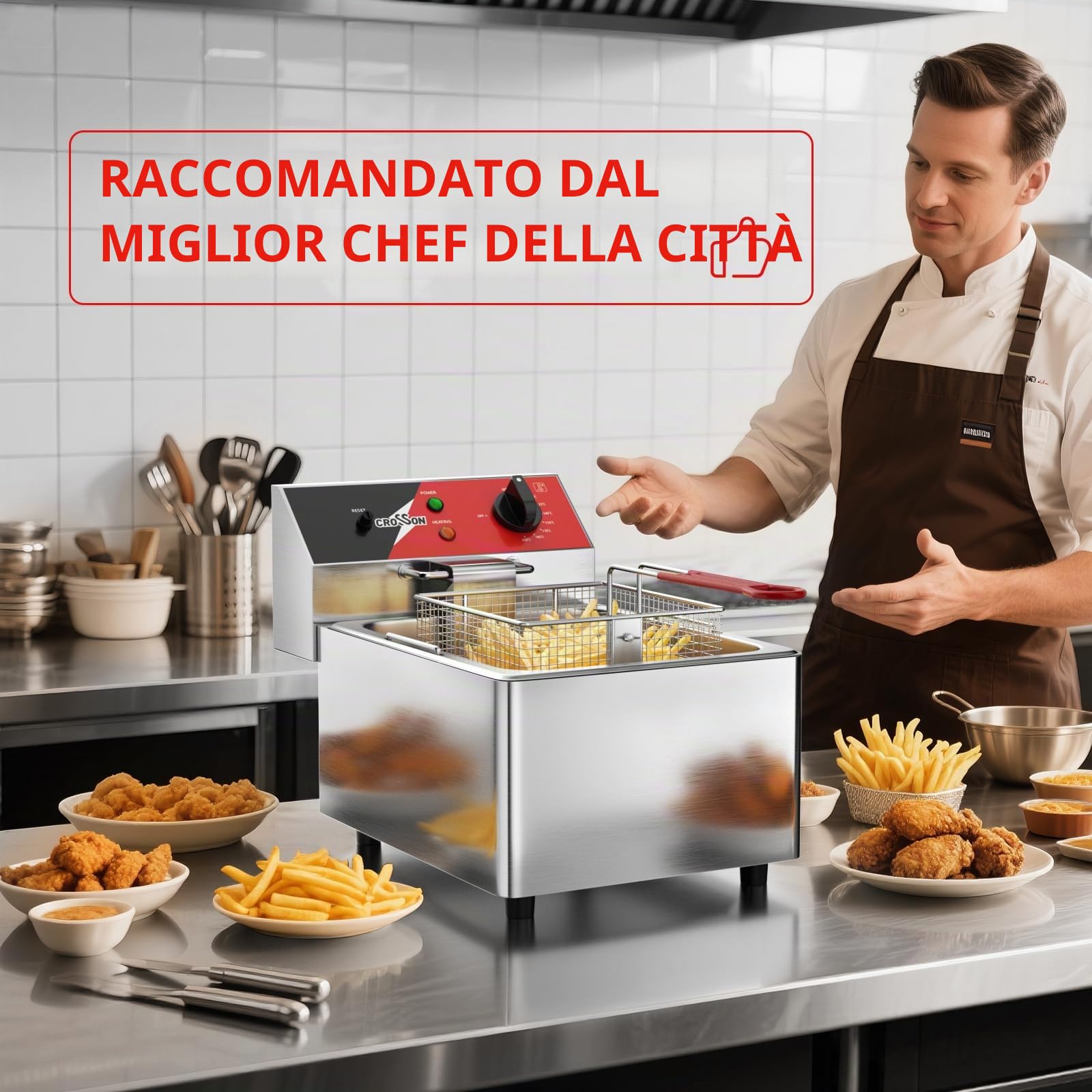 CROSSON Friggitrice Commerciale 6 Litri,Friggitrice Elettrica ad Olio da Inox 3000W con Cestello e Coperchio,Controllo Temperatura 80-200°C,per Cucina Ristorante