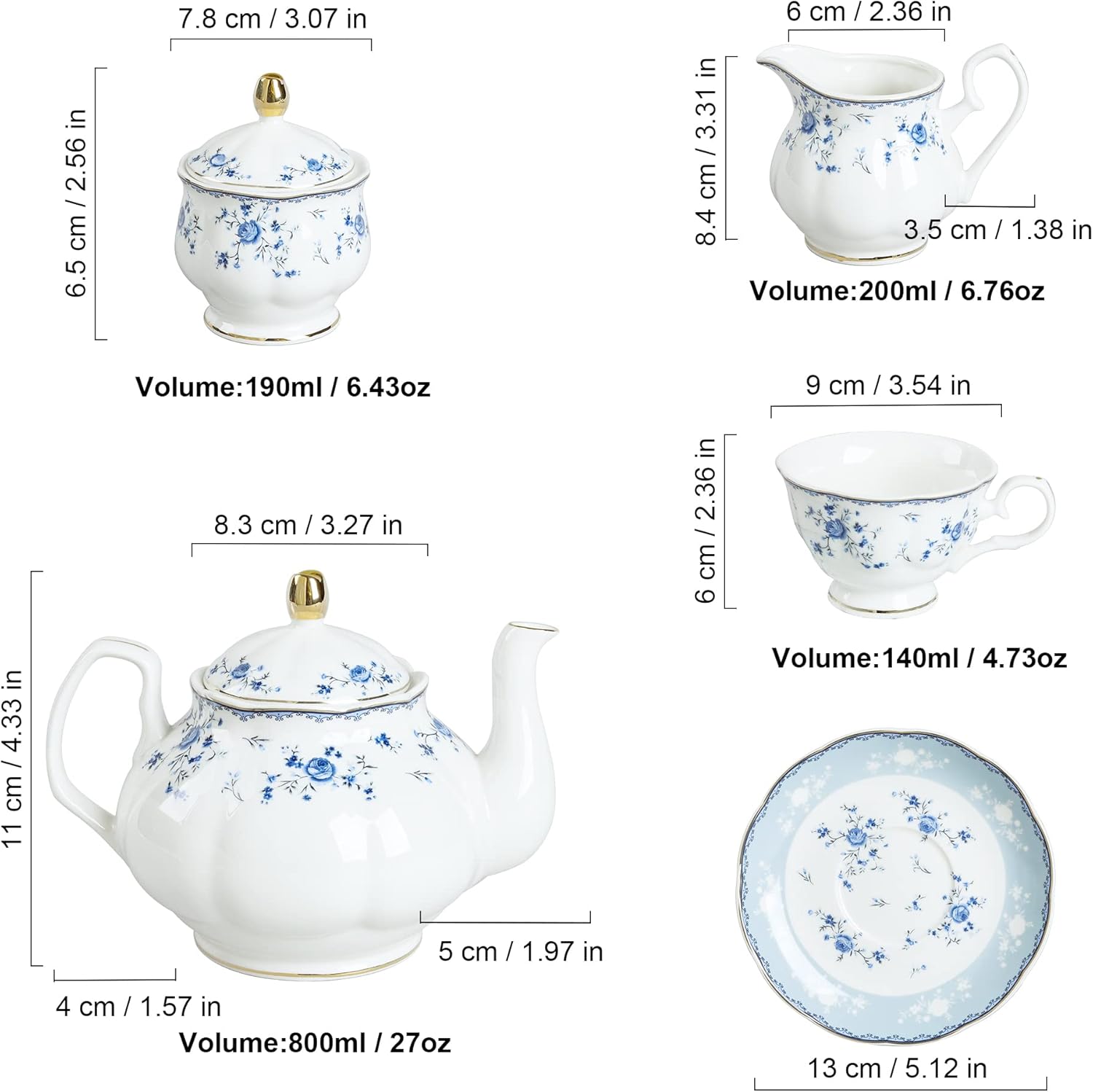 fanquare 15 Piece Blue Rose Porcelain Tea Set, British Floral Teapot with Tea Cups, Women Tea Party Set for 6 - Image 6