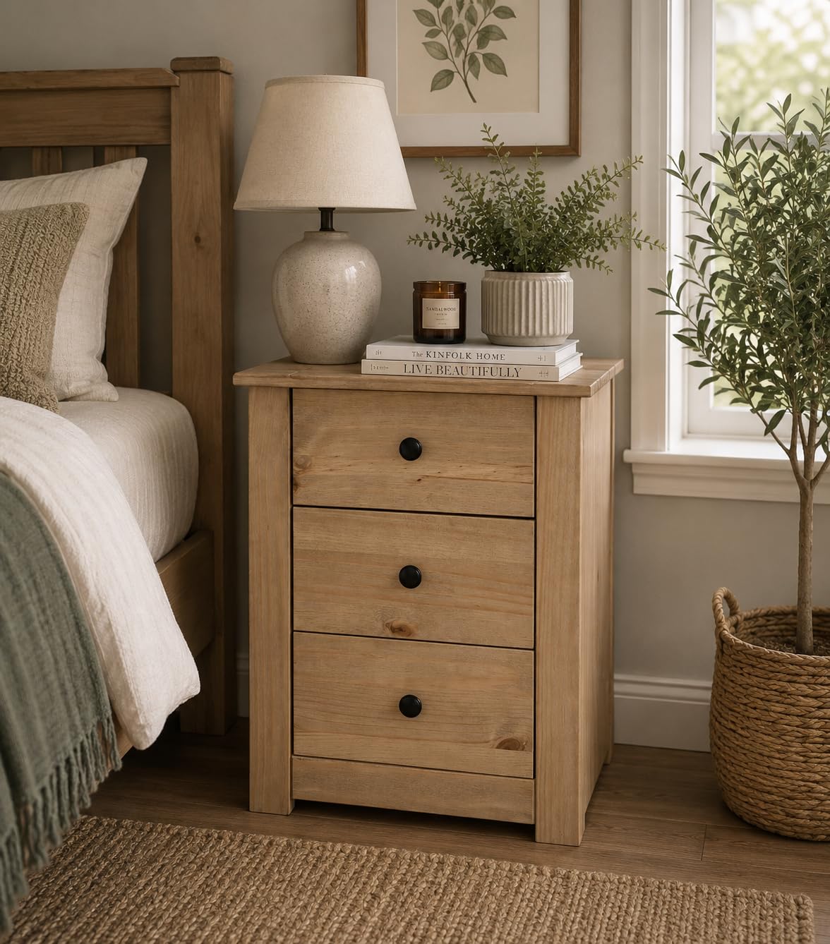 Panama 3 Drawer Bedside Table Cabinet Solid Pine Wood with Waxed Oak Finish