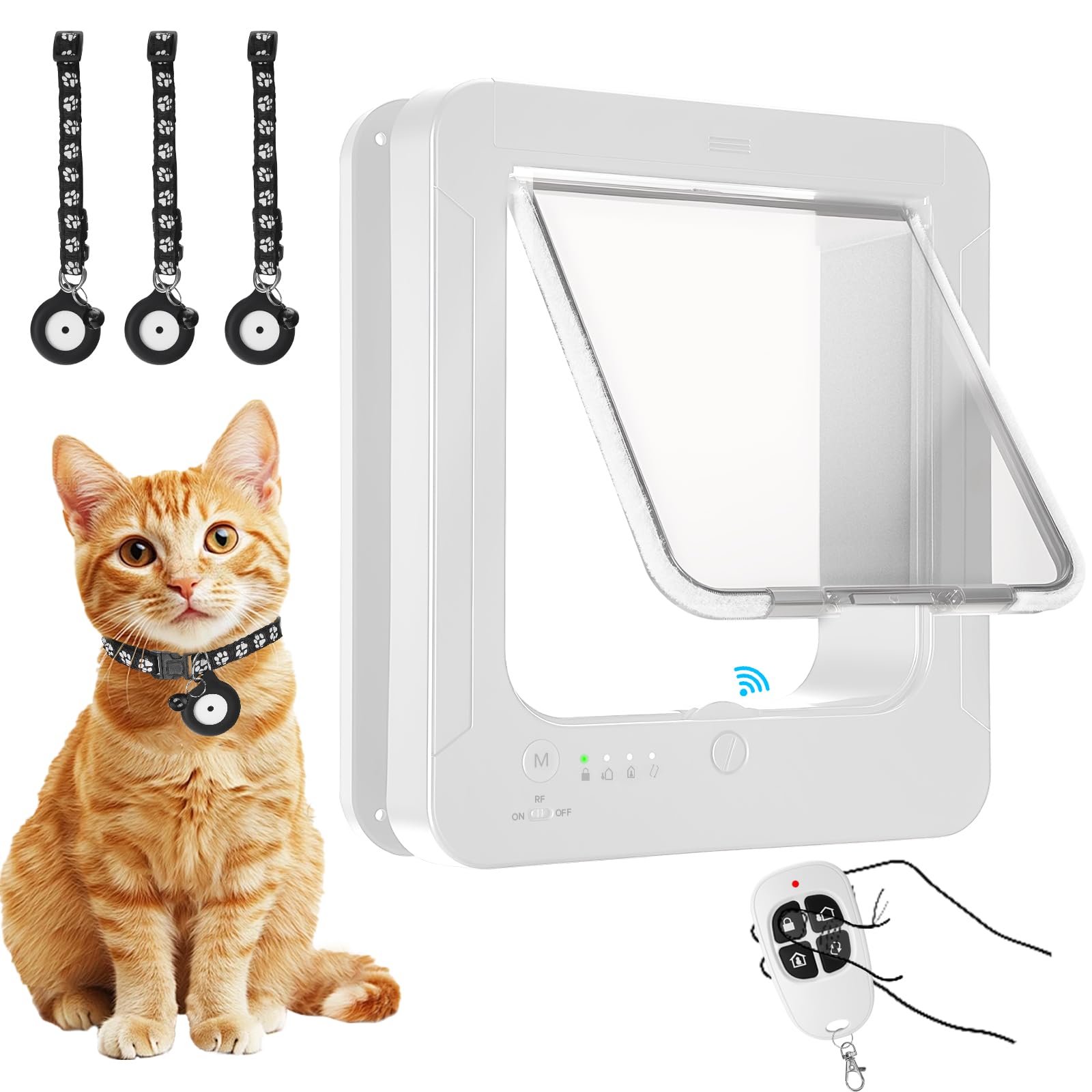 Smart Cat Door for Interior & Exterior, Cat Pet Door with 3 Collar Sensor Keys & 1 Remote Control & 4 Way Locking Cat Flap with RFID Collar Activated Opening SmartPetDoor(White)