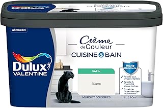 Dulux Valentine Peinture Intérieure Crème de Couleur Cuisine et Salle de Bain - Pièces Humides Murs et Boiseries - Résistant aux taches et à l'humidité - Satin Blanc 2 L
