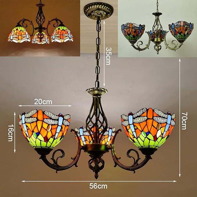 HARIPYER Tiffany-stijl kroonluchters, hanglamp van glas-in-lood, 3 lampen, antieke vintage verstelbare plafondlamp voor woonkamer slaapkamer eetkamer, oranje libel photo 2