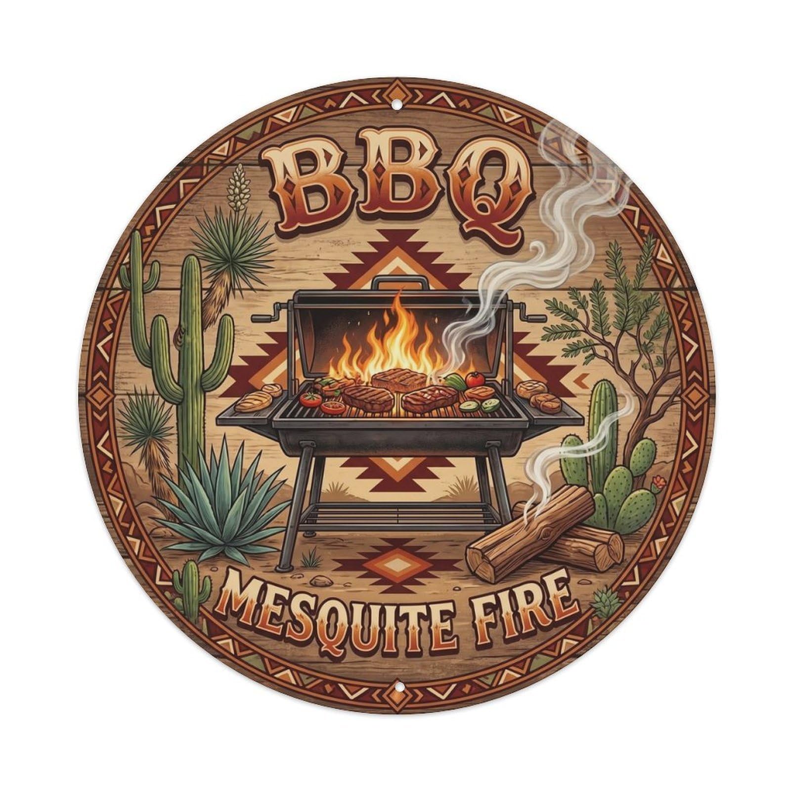 BBQ Barbecue Mesquite Fire Vintage Metal Tin Sign Plaque Wall Decor for Cafe, Club, Garden Round Metal Poster 8x8Inch