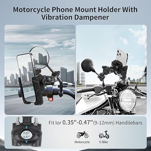 Miniatura 5 de Soporte de teléfono para motocicleta con amortiguador de vibraciones, cabezal de bola doble ajustable de 360 y operación con una mano y ajuste