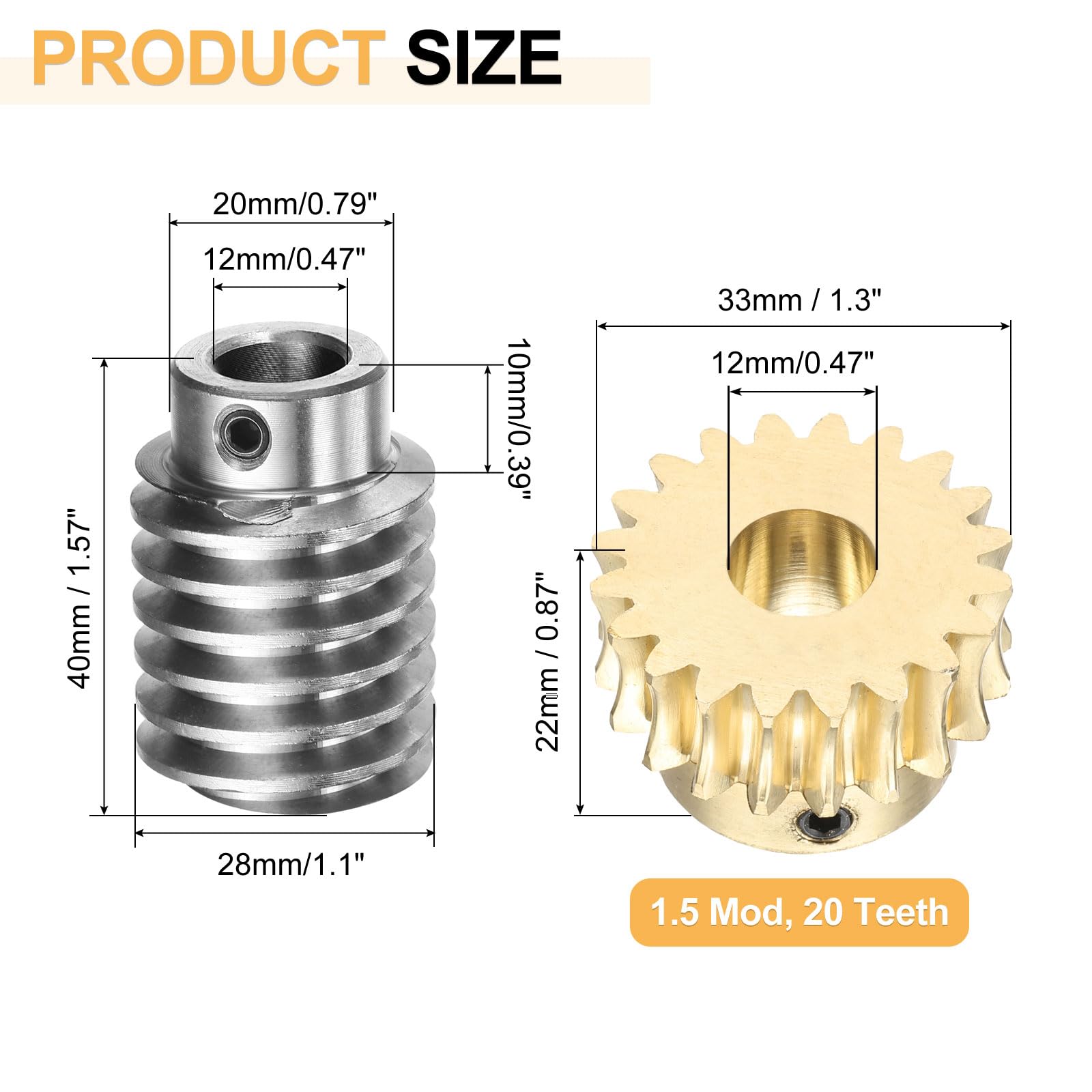 QUARKZMAN Set Ingranaggio A Vite Senza Fine 20T Modulo 1.5 Rapporto Di Riduzione 20:1 Rotazione Destra Scatola Ingranaggi (Ingranaggio Ottone-Foro 12mm, Asta Acciaio #45 Foro 12mm)