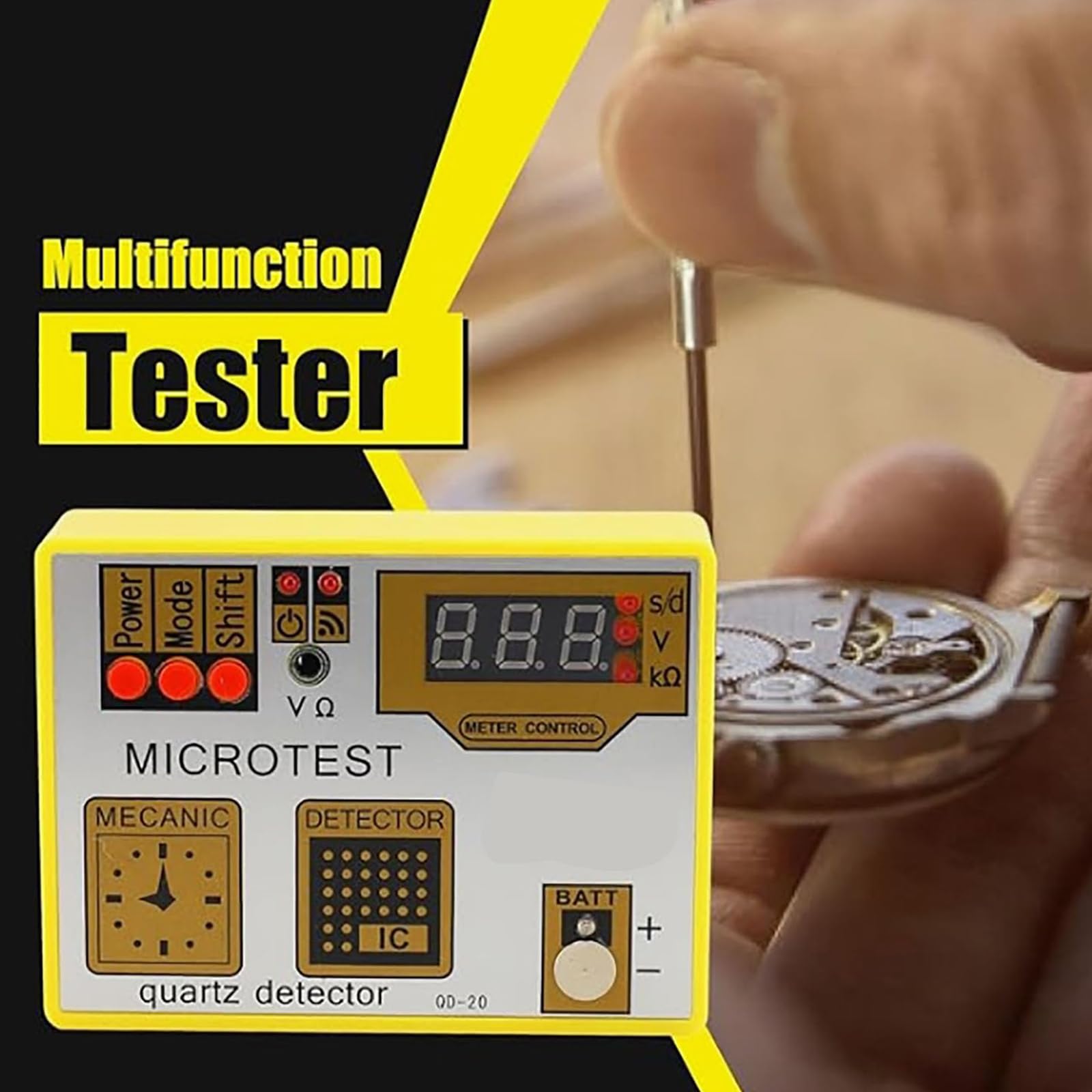 Tester per Movimenti di Orologi al Quarzo QD-20, Cronocomparatore Multifunzione con Display LCD - Smagnetizzatore Integrato e Monitoraggio della Frequenza in Tempo Reale per la Riparazione di Orologi