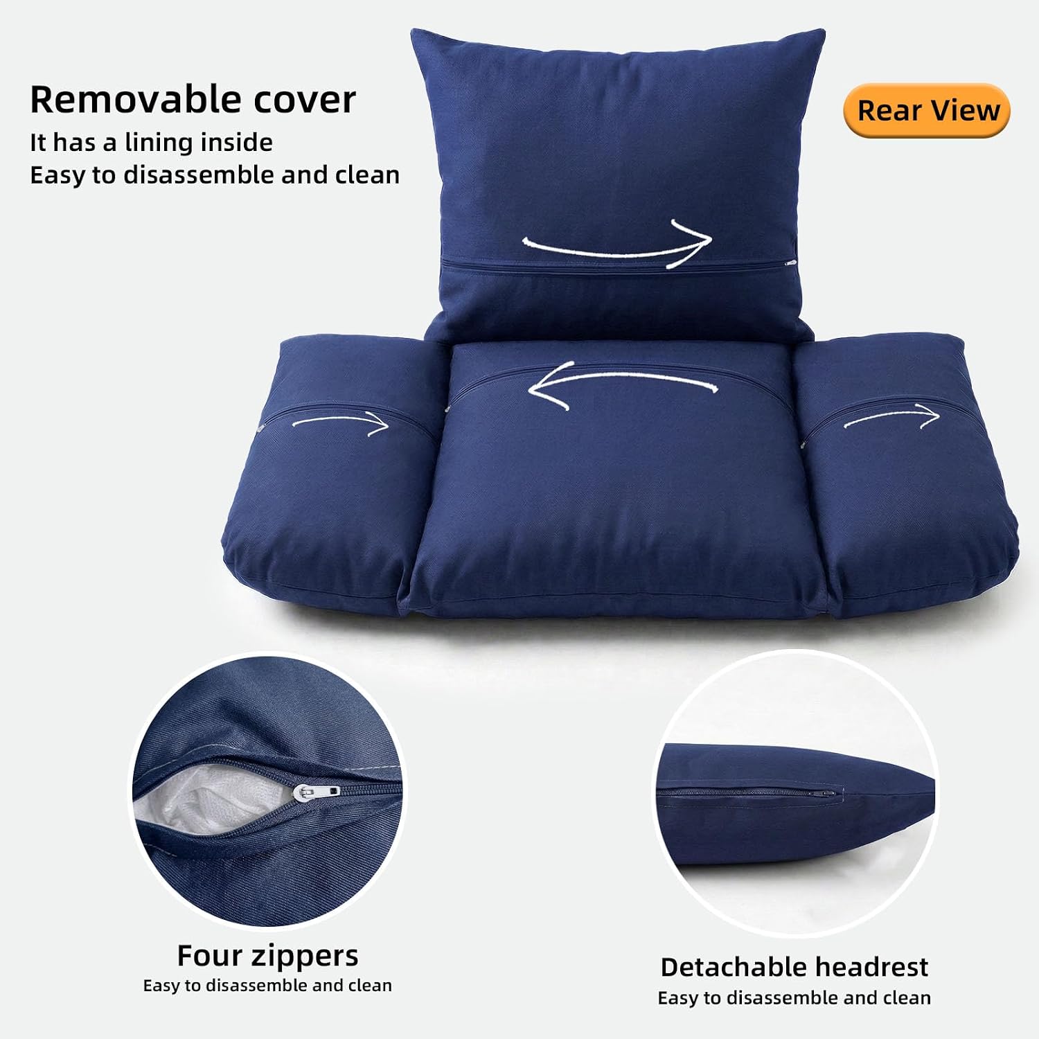 Removable Egg Chair Cushion, Hanging Egg Chair Cushion Replacement with Zipper for Most Single Outdoor Hanging Swing Egg Chairs, with Headrest, only Cushion (Navy Blue, 47 * 31.5 * 5in)