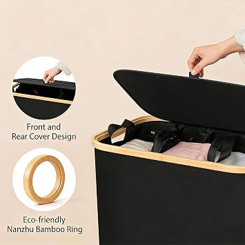 Laundry Basket with Lid, Dirty Clothes Basket, 2 & 3 Compartments, Large Foldable Laundry Hamper for Bedroom, Bathroom, Dorm, Laundry Room, Black