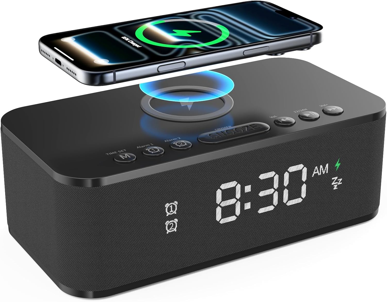 Alarm Clocks for Bedrooms, Wireless Charger, Bluetooth Speaker, White Noise Machine, Digital Clock with Dual Alarm, Dimmable Display, USB Charging Port, Black