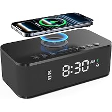 Alarm Clocks for Bedrooms, Wireless Charger, Bluetooth Speaker, White Noise Machine, Digital Clock with Dual Alarm, Dimmable Display, USB Charging Port, Black