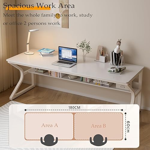 Miniatura 3 de Escritorio extra largo con estantería, mesa de escritura doble larga de 71 pulgadas para estación de trabajo de 2 personas, escritorio moderno para