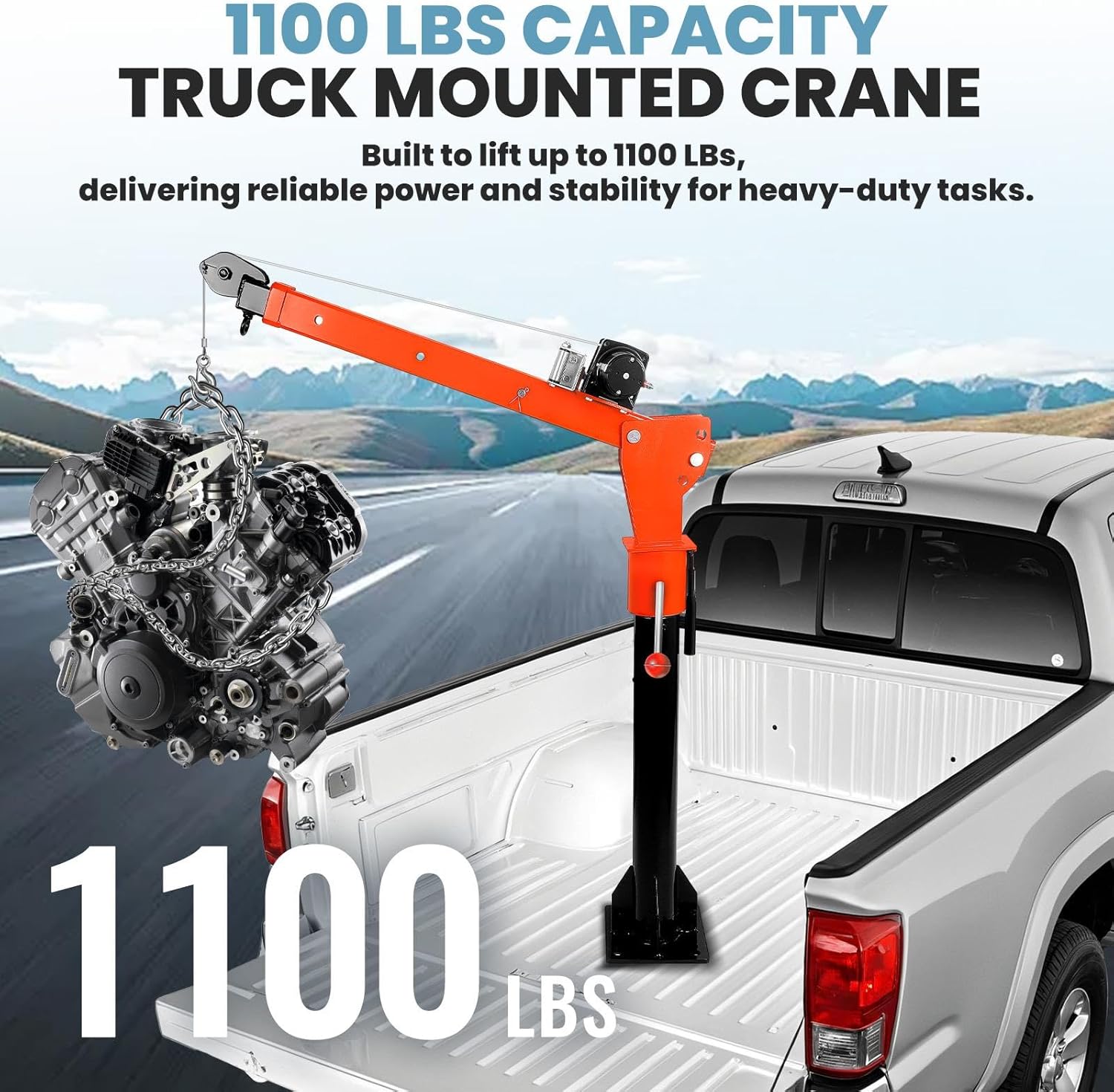 1100 LBS Pickup Truck Crane, Truck-Mounted Folding Crane with 3500 LBS Electric Winch, 360° Swivel Crane Hoist, 47-67 in Telescoping Boom for Truck Bed