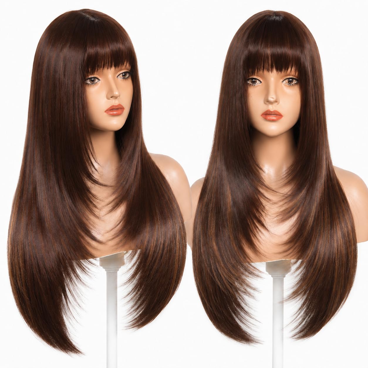 Long Wine Red Wig with Bangs for Women Synthetic Heat-Resistant Hair Layered Style Hair for Daily and Party Use