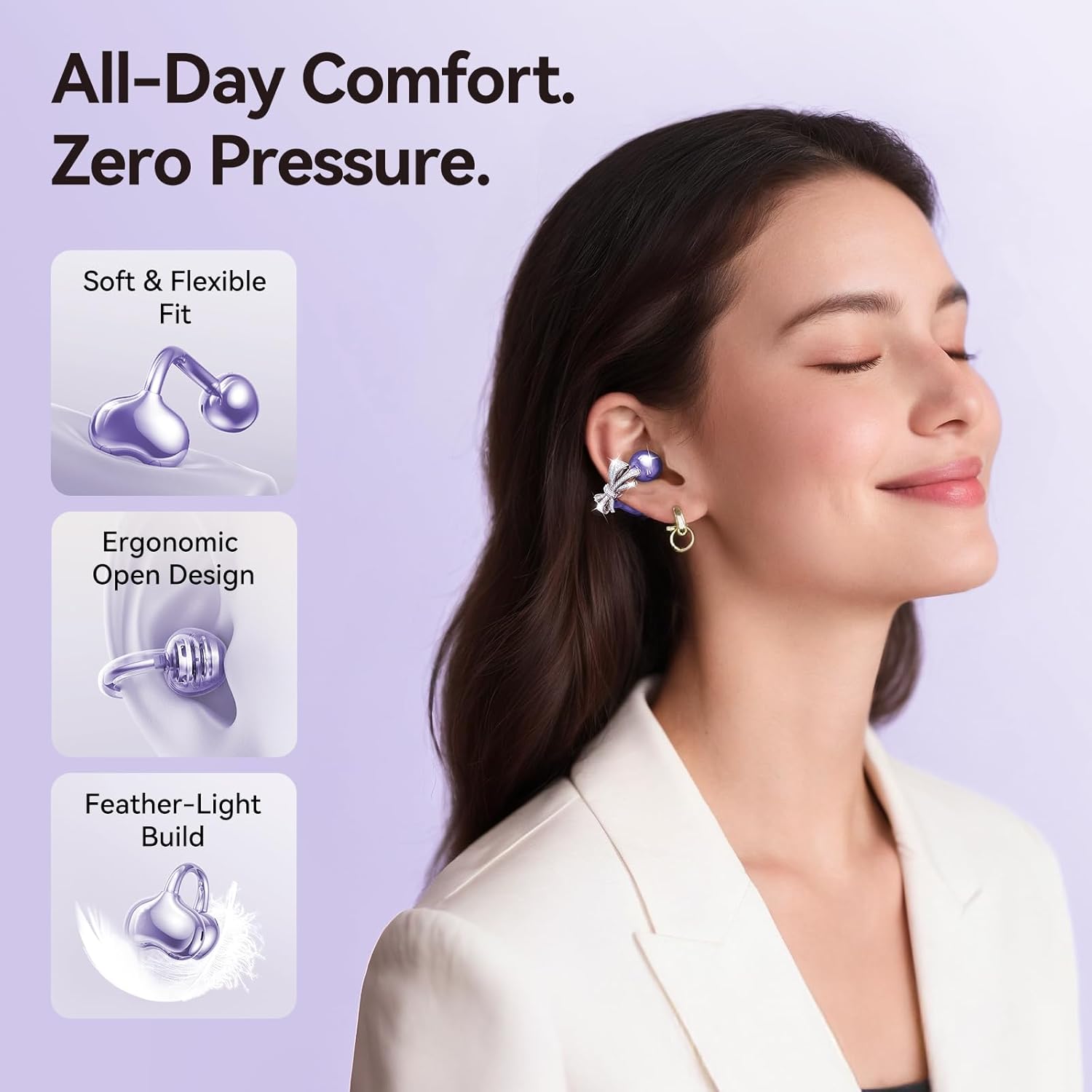 Kinglucky Stylish Open-Ear Clip-On Earbuds with Jewelry Bow Earrings, Lightweight & Comfortable Fit, Fashionable Open-Ear Buds Headphones for Women, Ideal for Work, Running, and Daily Wear Purple - Image 3