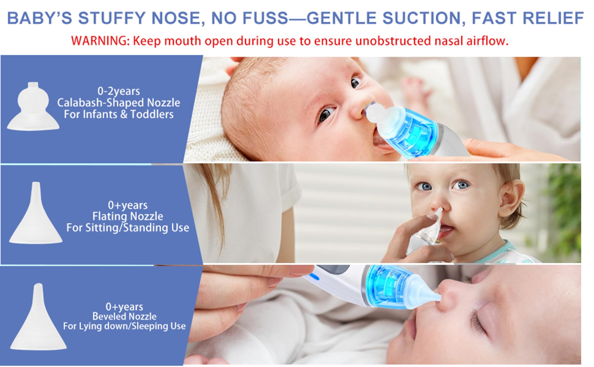 Aspirador nasal eléctrico para bebé, ventosa de nariz impermeable para niños pequeños, limpiador de nariz con 3 puntas de silicona, 3 niveles de succión ajustables, ventosa de bebé con