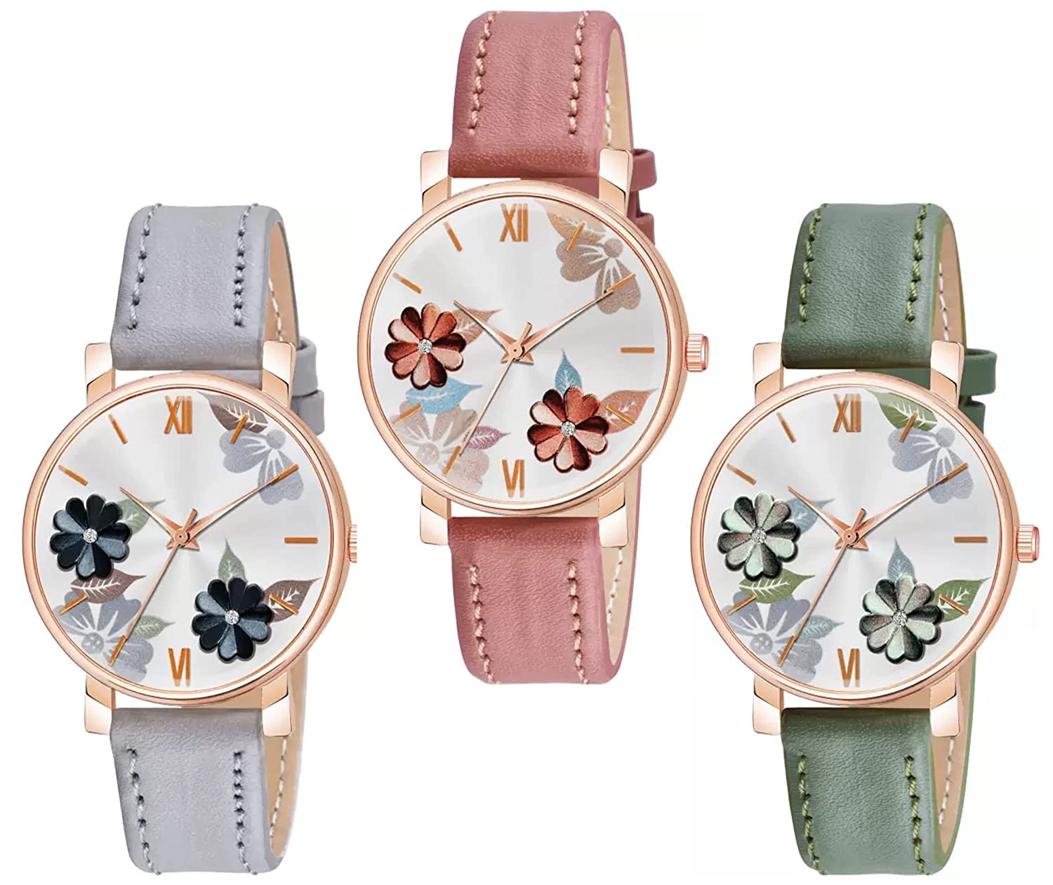 KIROH Flowered Dial Unique Designer Leather Strap Analogue Watch for Girls and Women (Peach,Green,Grey) (B0B4KHHN2H) Amazon Price History, Amazon Price Tracker