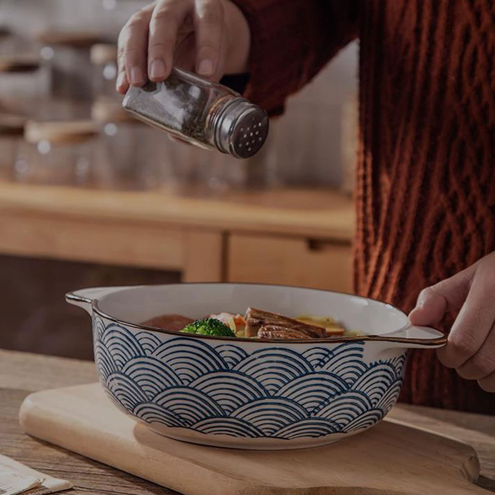 Miski do kuchni Ceramiczna salaterka 2-częściowy zestaw 17 uncji może zachodzić na uszy z wykwintnym designem Porcelanowy zestaw misek kuchennych z makaronem żaroodpornym Ceramika na przekąskę, deser