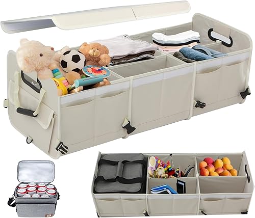 Actualización 2025 Organizador de maletero de automóvil blanco roto con bolsa térmica aislada integrada a prueba de fugas, organizador de automóvil