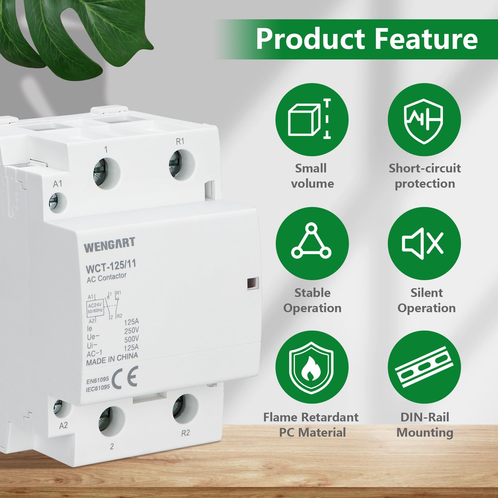 Wengart Installationsschütz WCT-125 – 125A AC 230V, 1NO+1NC Hilfskontakte, 54mm (3 TE), Brummfrei – Für Wärmepumpen & Wallboxen