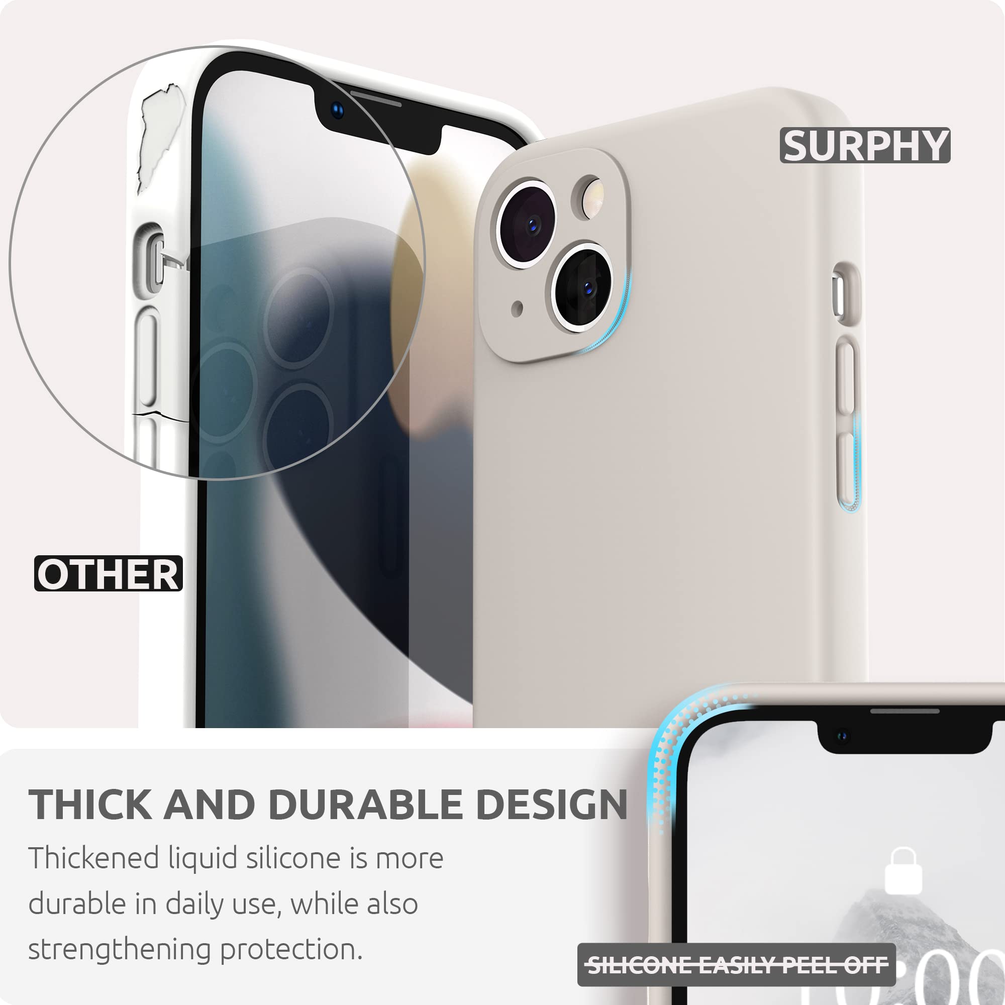 SURPHY Cover per iPhone 13 con Vetro Temperato (6,1"), Custodia per iphone 13 Silicone con Protezione Fotocamera, case protezione Completa,Antiurto, Morbida Microfibra Antigraffio(Pietra Beige)