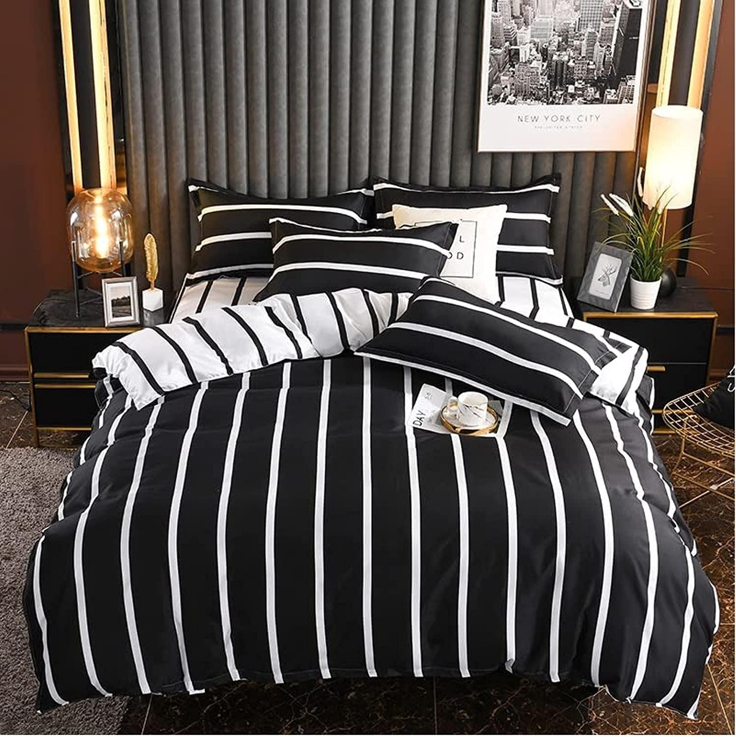 King Size Bed Sheet 4pcs Bedding Set, Skin Friendly 1x Quilt Cover 200cm*230cm, 1x Bed Sheet 230cm*230cm, 2 x Pillowcase 48cm*72cm (Black & White)