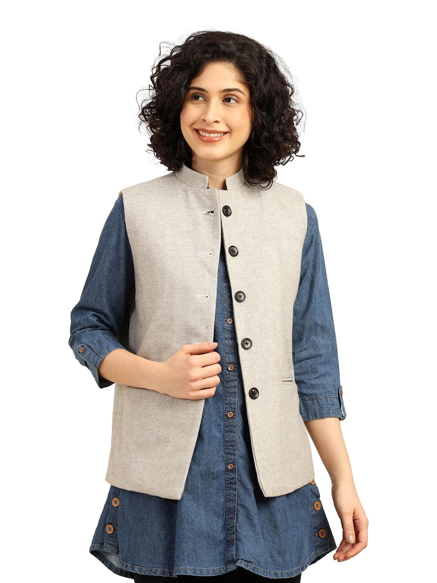 Just Beyond Women Nehru Jacket, Stylish Winter Wear, Sleeveless Woollen Waistcoat in Herringbone Pattern with Mandarin Collar & Button Down Front, Casual & Office Wear Ethnic Bandi
