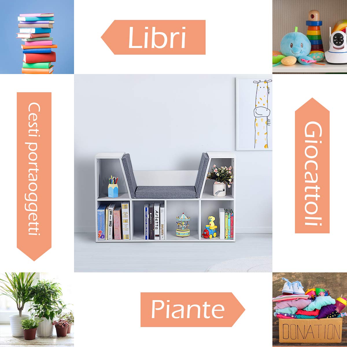 GYMAX Mobiletti per Bambini, Scaffale Libreria in Legno, Seduta con Cuscino, Carico 80 kg, Bianco, 102,5 x 30 x 63,5 cm
