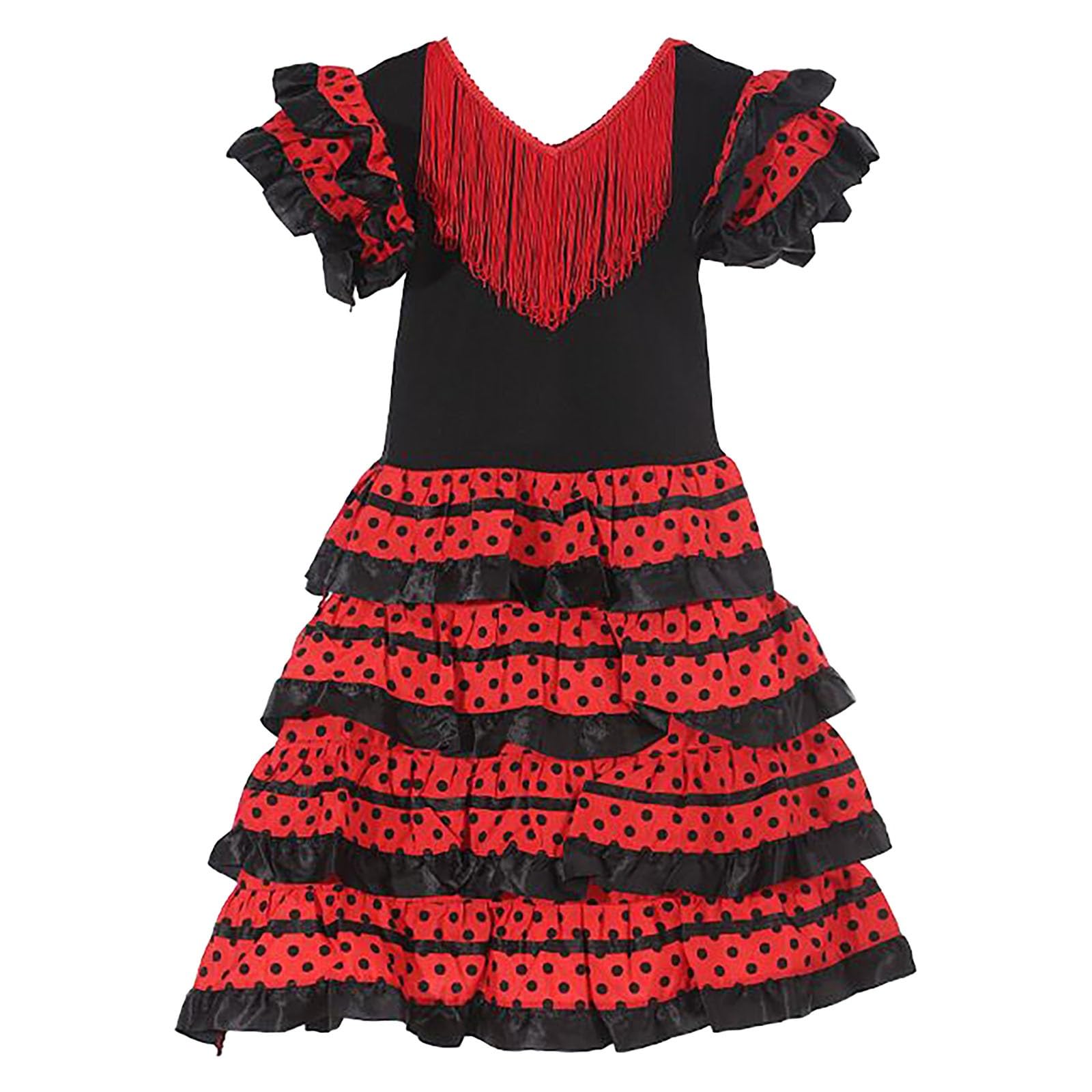 Déguisement de Séville pour Fille Robe Flamande Enfant Volants Pois Costume Andalou Danse Espagnole Costume Traditionnel Flamenco Sévillane, Rouge à Pois pour Fête, Carnaval, Kermès 2-14 Ans