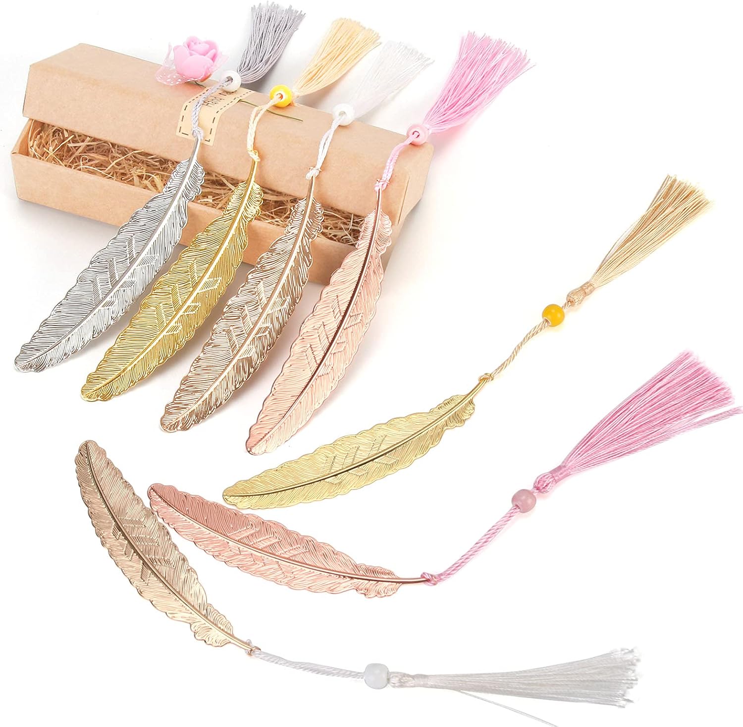 7 Pieces Vintage Metal Feather Bookmarks with Tassels and Beaded for Adults and Kids,Perfect Kids Office School Reading and Gifts and Collections,Ideal Gift for Reader, Woman and Kids. (Light Color)