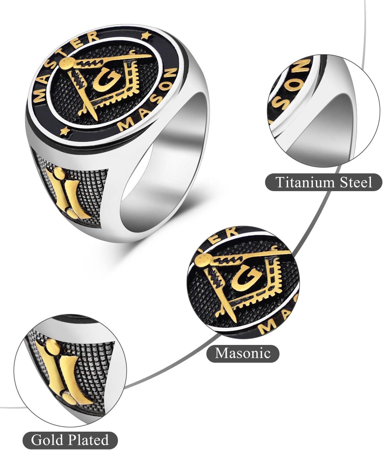 Titanium Steel Masonic Rings for Men - Master Mason Ring Freemason Ring Signet Jewelry Gift Gold Symbol Size 7-12 - Image 2