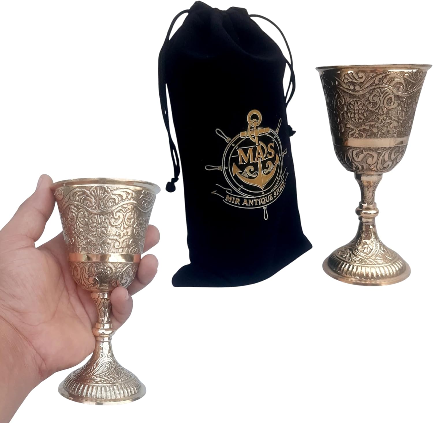 Royal Wine Cup Medieval Goblet Vintage Chalice Style Royal Chalice Cup (1 Pc) with Velvet Gift Case | Embossed Decorative Brass Drinkware for Home Bar, Collectors & Gifting