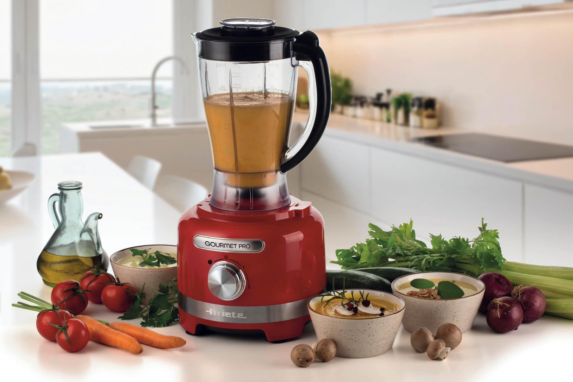 Ariete 1782 Gourmet Pro Moderna, Robot da cucina, Tritatutto 3L, Frullatore 2L, 2 velocità + Pulse, Set di lame + Disco in acciaio inox, Accessorio spremiagrumi, Rosso