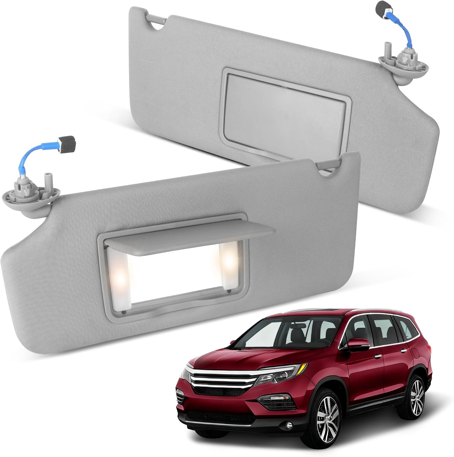 Sun Visor Driver&Passenger Side for 2016-2022 Honda Pilot, 2018-2020 Honda Ridgeline, Gray Left&Right Side Visor Replacement with Light Mirror,#83280-TG7-A12ZB 83230-TG7-A12ZB